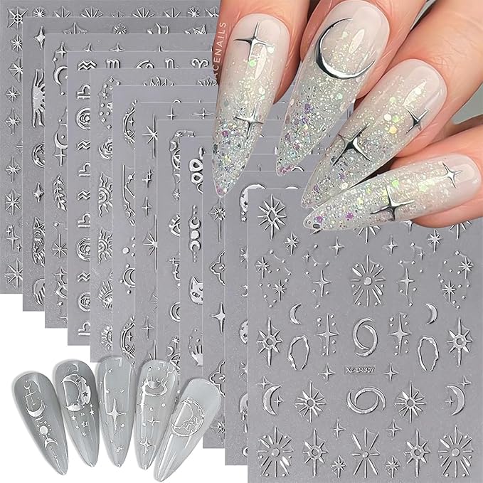 12 Sheets Silver Nail Art Stickers Decals Star Moon Nails Stickers for Nail Art Self-Adhesive Snake Nails Decal