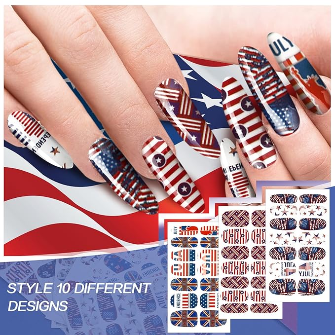 Maitys 140 Pcs 10 Sheets Patriotic Full Wrap Nail Stickers 4th of July Polish Strips Gradient Stickers Memorial Independence Day Glitter Self Adhesive DIY Art Strips with 2 Pcs Nail Files