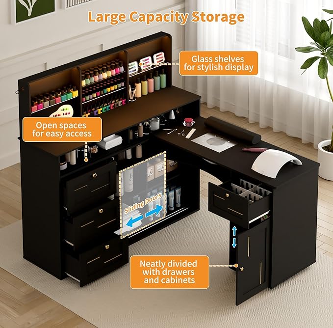 Manicure Table with Dust Collector, L-Shaped Nail Desk with Mobile Desktop, LED Light, Glass Display Rack, Storage Cabinets and Drawers for Home Spa Beauty Salon Nail Station, Black