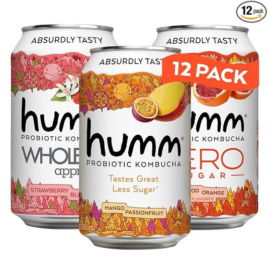 Humm Kombucha Sampler Pack, Includes Original Mango Passionfruit Kombucha, Zero Sugar Blood Orange, Whole30 Approved Strawberry Blossom (Pack of 12)