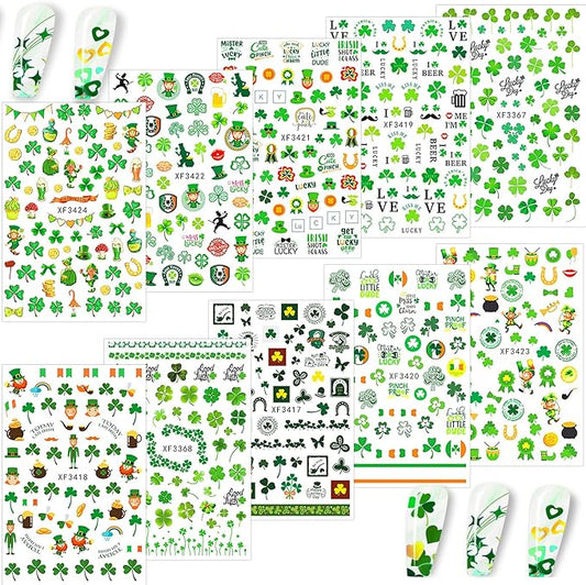 St Patricks Day Nail Stickers Green Shamrock Nail Stickers 3D Self-Adhesive Luck of The Irish Nail Decals Leprechaun Shamrock Nail Decals Deisgn Holiday Nail Stickers for Women Nail Art 10sheets