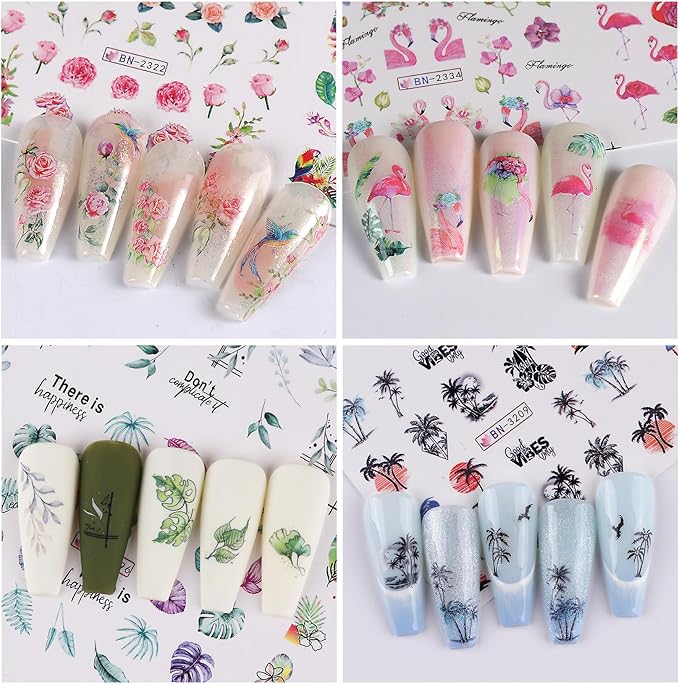 Flamingo Nail Water Decals Stickers 48 Designs Tropical Summer Nail Art Stickers DIY Watermark Fingernails Supply Colorful Flower Leaves Coconut Tree Nail Art Decoration Manicure Accessories 4 Sheets