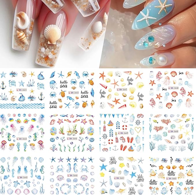 Summer Nail Stickers for Nail Art 36 Designs Ocean Water Transfer Nail Decals Sea Shell Starfish Jellyfish Sea Turtle Seaweed DIY Stickers Nails Supplies Vacation Beach Manicure Decoration 3 Sheets