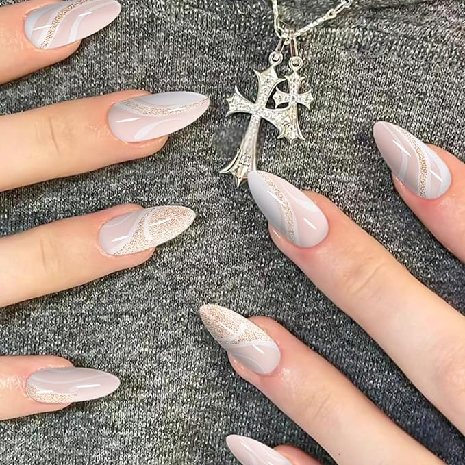 Semi Cured Gel Nail Strips | 28 pcs Gel Nails Strips Work with Any UV Lamps, Long Lasting UV Nail Stickers for Women DIY Nails Wraps(Gold Rivers)