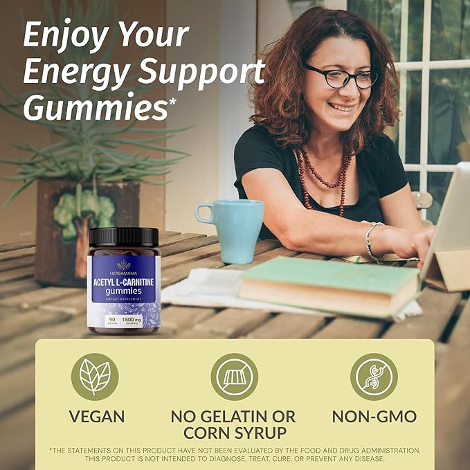 HERBAMAMA ALCAR Acetyl L-Carnitine 1500mg Gummies - L Carnitine Supplement for Energy, Focus & Brain Support - Vegan, Non-GMO - 90 Pectin-Based Blueberry-Flavored Chews