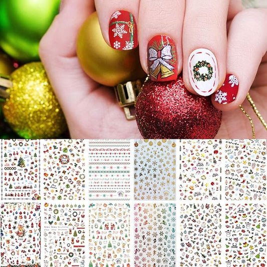 1000 Patterns Christmas nail art sticker decals, Kalolary Self-Adhesive Nail Stickers Santa Claus Snowflake Snowman Christmas Bell Tree Stick Elk for Christams Nail Decoration Gift(12 Sheets)