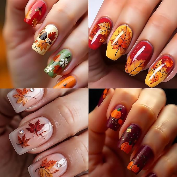 Maple Leaf Nail Art Stickers 3D Laser Shiny Autumn Winter Maple Red Leaf Nail Decals Autumn Maple Leaf Pumpkin Mushroom Nail Decoration Autumn Thanksgiving Day Nail Sticker for Women Nail Accessories