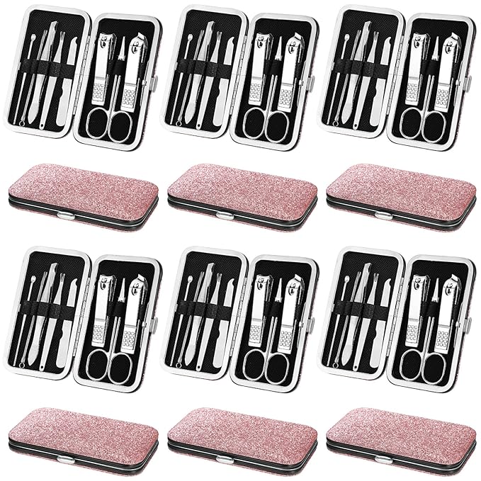 Geosar 12 Sets Manicure Set Nail Clippers Pedicure Kit 8 in 1 Grooming Stainless Steel Kits Nail Care Tools with Travel Case Xmas Gifts Christmas Stocking Stuffers for Men Women(Glitter Pink)