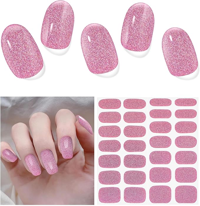Semi Cured Gel Nail Strips, 28 pcs Gel Nails Stickers for Women Work with Any UV Lamp, Long Lasting UV Gel Nail Strips for Home DIY Nails Art (Peachy Red Glitter)
