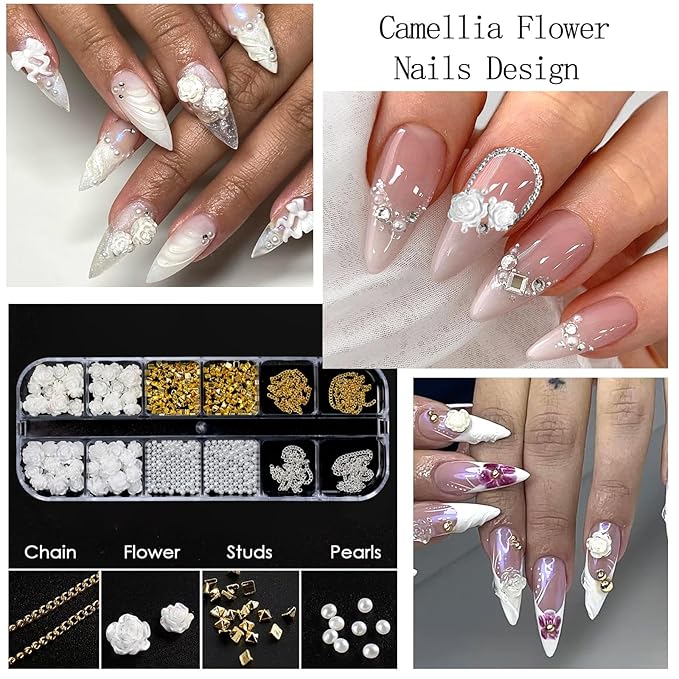 Nail Art Charms with Rhinestones Glue Gel White Flatback Pearls Luxurious Nail Charms Supplies Accessories Gold Silver Chains Nails Gems Jewelry Pearls for Women Nails Design