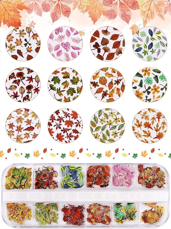 Kalolary 2 Boxes Maple Leaves Nail Art Sequins, 3D Fall Leaves Stickers for Acrylic Nails, Maple Leaves Wood Pulp Glitter Flakes for Autumn Nail Art Decorations