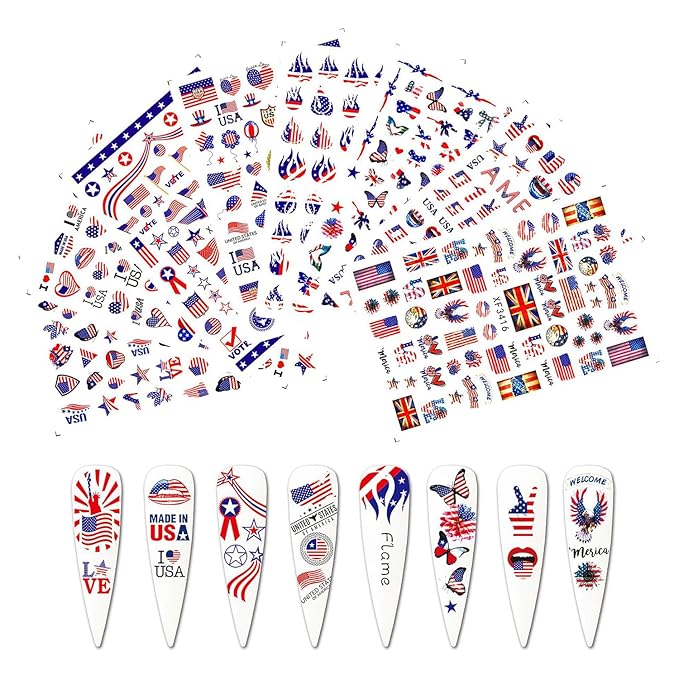 8 Sheet 4th of July Nails Art Stickers American Independence Day Nail Stickers 3D Self-Adhesive Nail Decals Heart Balloon Design American Flag Nails Supplies for Women Manicure