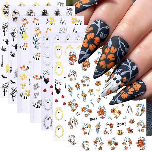 8 Sheets Halloween Nail Art Stickers Cute Ghosts Nail Decals Spooky Black Cat Flower Mirror Ghost Spider Web Design Pumpkin Bat Spider Nails Supplies Flower Ghost Nail Decor for Women DIY Manicure