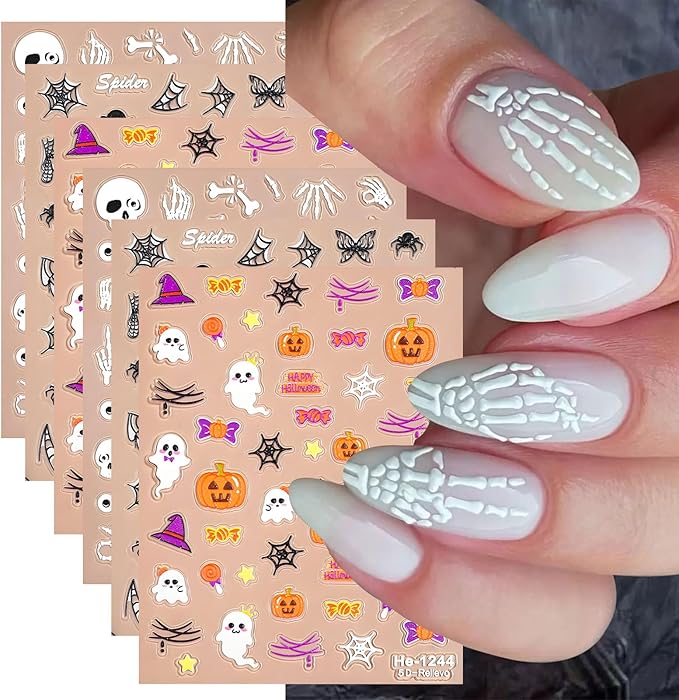 12Pcs Halloween Nail Stickers - 5D Embossed Halloween Nail Decals - Self-Adhesive Hand Bones Skull Spider Web Pumpkin Nail Design Decorations for Halloweens DIY Manicure Supplies