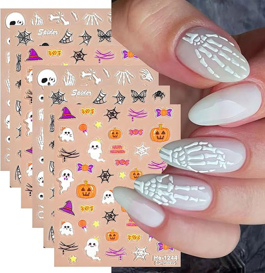 12Pcs Halloween Nail Stickers - 5D Embossed Halloween Nail Decals - Self-Adhesive Hand Bones Skull Spider Web Pumpkin Nail Design Decorations for Halloweens DIY Manicure Supplies