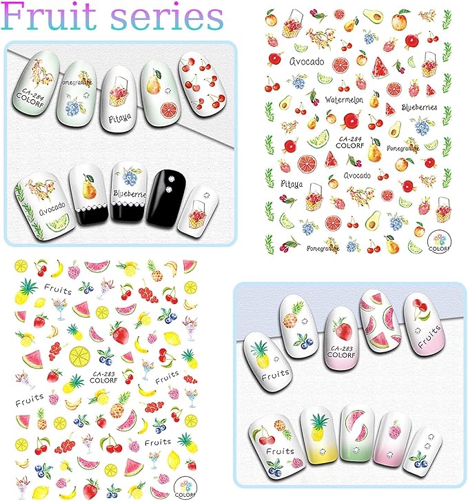 9 Sheets Fruits Nail Stickers for Girls,Spring Nail Decals 3D Self-Adhesive Summer Nail Stickers for Nail Art,Text Fragments Design Holiday Nail Decals for Women