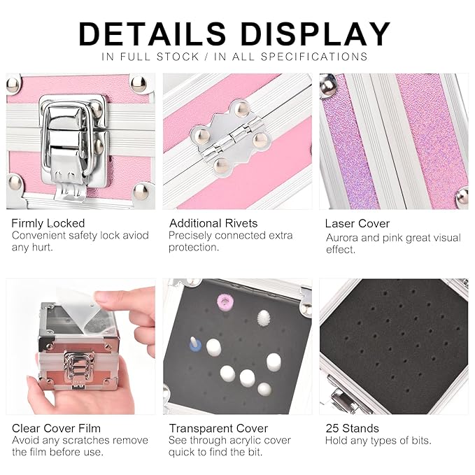 Professional 25 Holes Nail Drill Bits Box Container Nail Drill Grinding Bit Holder Nail Polish Head Storage Box Nail Tools Organizers Container Display Storage Box Manicure Tool (Pink)