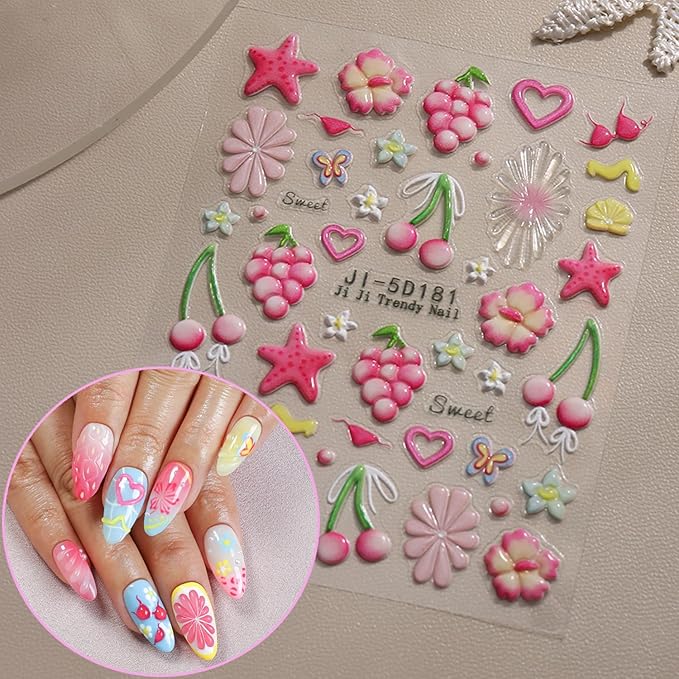 1pcs Summer Nail Stickers for Nail Art Embossed Nail Decals 5D Flowers Dolphins Starfish Shell Jellyfish Mermaid Tail Design Butterfly Lemon Nail Stickers Ocean Beach Acrylic Nail for Women