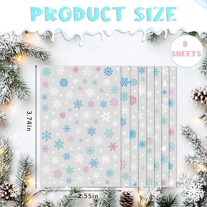 XZENTIRA 8 Sheets Snowflake Nail Stickers DIY Christmas Winter Decals 3D Self Adhesive Colorful Snowflakes Stars for Women Christmas Winter New Year Nail Designs