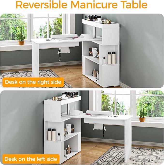 Manicure Table, L-Shaped Nail Tech Desk with Dust Collector, Reversible Rotating Table & Storage Shelf, Acetone Resistant Beauty Salon Station, White
