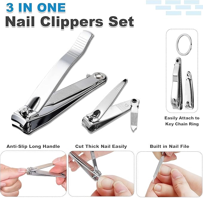 12-Piece Nail Clippers Set with File, 3 Inch & 2.1 Inch Toenail & Fingernail Clippers Bulk, Large Stainless Steel Nail Cutter Gifts for Men Women Seniors Adults(Silver)