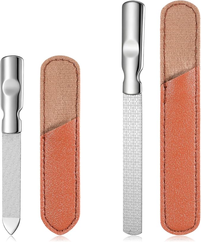 Professional Fingernail Files, 2 PCS Metal Nail Files for Women Double Sided Stainless Steel Nail File Non-Slip Fingernail File with PU Leather Case for Women Men Natural Nails Manicure Pedicure Tool