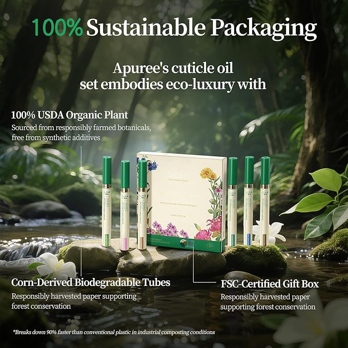 APUREE Organic Cuticle Oil Set: 100% Pure (6pcs)| Moisturing for Dry Cuticle & Nail Growth| USDA Verified & Cold Pressed Hexane Free| Manicure Prep Care| All Skin Type| Vegan & Cruelty Free| Gift Set