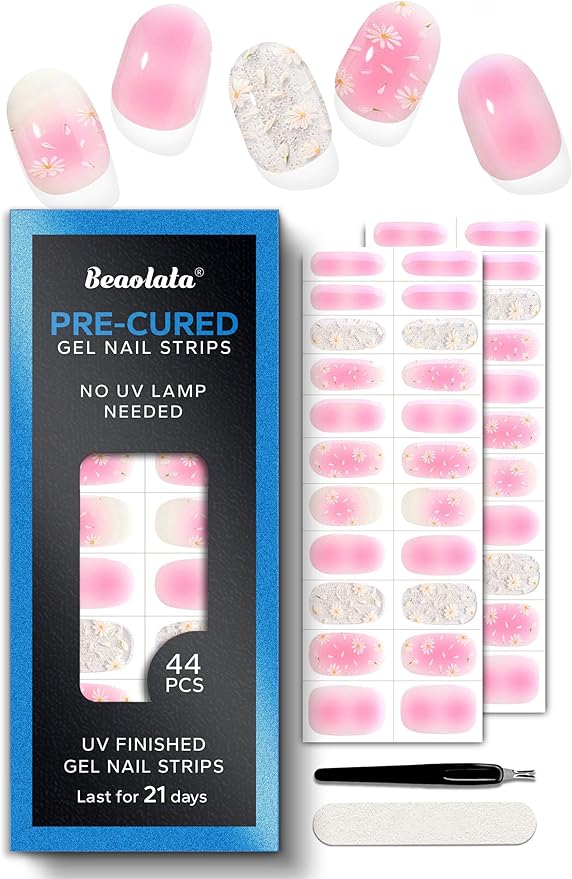 Pre Cured Gel Nail Strips - 44PCS Salon Quality Gel Nail Stickers - Long Lasting Polish Wraps for Women no UV Light Needed Easy Apply& Remove (PetalPink)