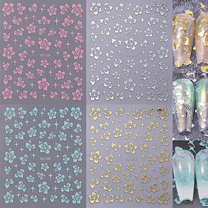 8Sheets Hibiscus Flower Nail Stickers - 3D Self-Adhesive Nail Decals in Gold, Silver, Blue, Pink & Holographic for Women's Manicure