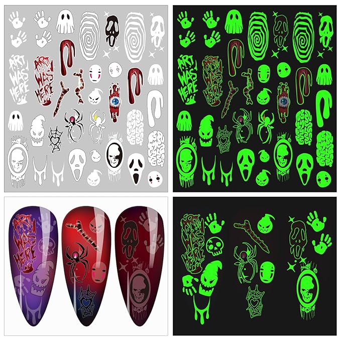9 Sheets Luminous Halloween Nail Stickers for Women, Pumpkin Bat Ghost Witch Skull Scratches Nail Art Stickers for Girls Kids Nail Art Halloween Decoration