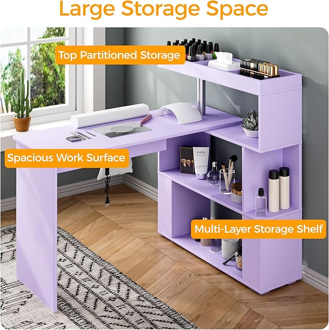 Manicure Table, L-Shaped Nail Tech Desk with Dust Collector, Reversible Rotating Table & Storage Shelf, Acetone Resistant Beauty Salon Station, Purple