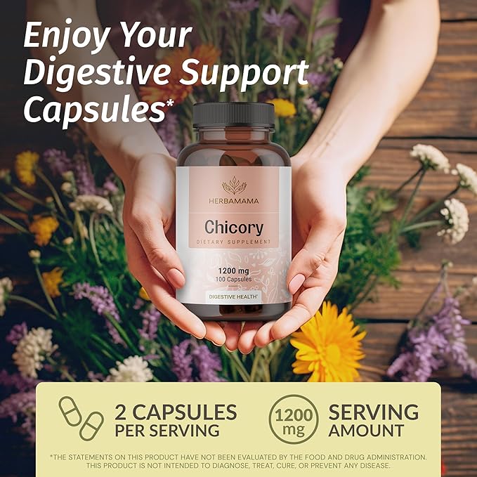HERBAMAMA Chicory Root Fiber Capsules - 1200mg Chicory Root Powder for Gut Cleanse & Digestive Support - Vegan, Non-GMO Inulin Prebiotic Fiber Supplement