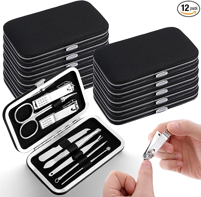 12 Sets Manicure Set Bulk Nail Clippers Pedicure Kit for Men, Nail Grooming Pedicure Kit with Case Travel 8 in 1 Stainless Steel Professional Nail Care Tools Set