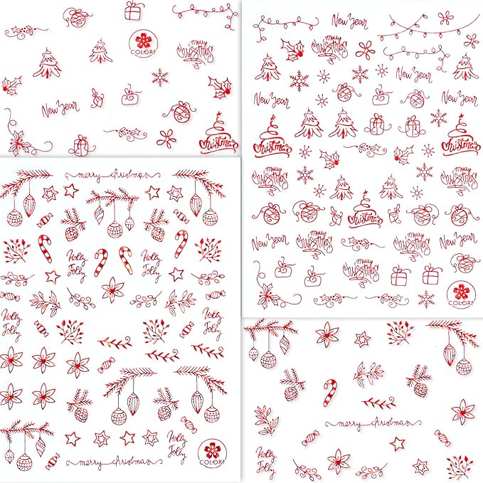 HNUIX Nail Stickers - 3D Christmas, Self Adhesive Nail Decals, Multi Pattern, Red, 9 Sheets, for Nail Art