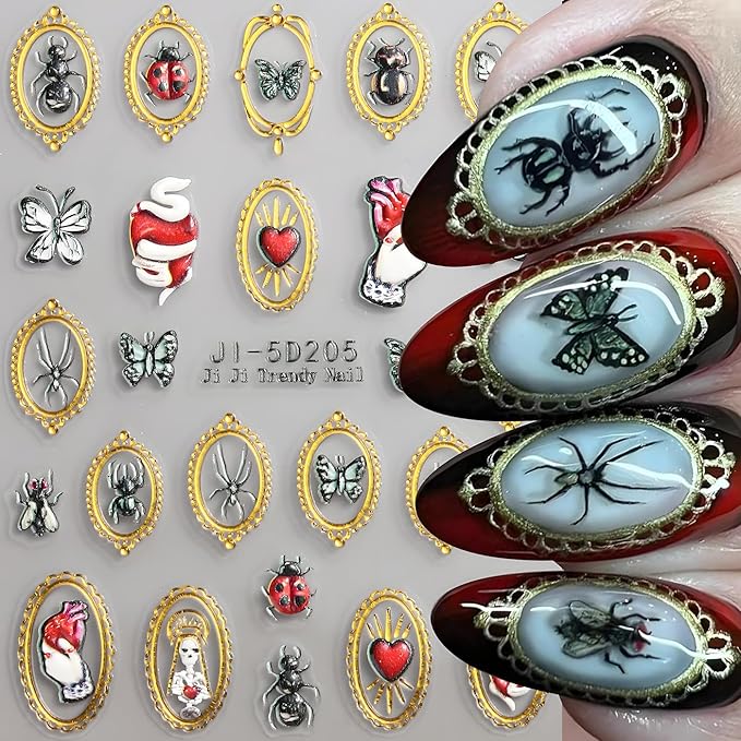 Halloween Nail Art Stickers, Retro Golden Frame Nail Decals 5d Embossed with Ghost Insect Spider Ladybug Butterfly Design 3Pcs Halloween Nail Art Supplies for Women Nail Decoration Nail Stickers