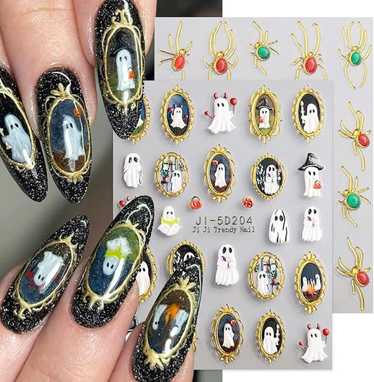 2 Sheets Halloween Nail Sticker for Nail Art 5D Embossed Spider Web Nail Art Stickers Rhinestone Spider Ghost Golden Edge Design Stickers Gothic Nail Decal Nail Art Supplies for Women Acrylic