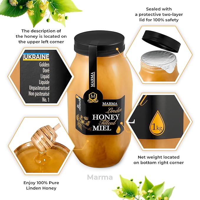 HONIGMA® Marma Linden Honey | Authentic Raw Honey from Ukraine | 100% Pure, Unpasteurized & Fully Crystallized | 1000g/35.2oz | Naturally Solid Texture | Pack of 1