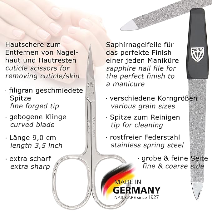 3 Swords Germany - brand quality 5 piece manicure pedicure grooming kit set for professional finger & toe nail care with synthetic leather case black - Made in Germany