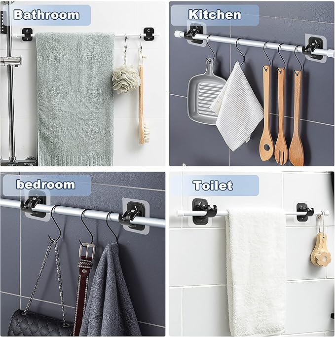 10PCS Self Adhesive Curtain Rod Holders No Drill Curtain Rods Brackets No Drilling Nail Free Adjustable Curtain Rod Hooks Curtain Hangers for Bathroom Kitchen Home Bathroom Hotel(Black)