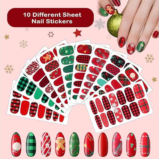 140 Pcs 10 Sheets Christmas Full Wrap Nail Stickers Polish Strips Plaid Gradient Stickers Glitter Self Adhesive DIY Art Decals Strips with 2 Pcs Nail Files for Xmas Decor (Plaid Style)