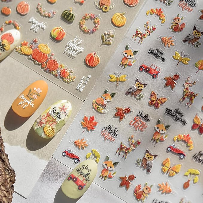 1Sheet 5D Relief Ginkgo Maple Leaf Stickers for Nails Design Embossed Fall Leaves Nail Art Stickers Autumn Maple Leaf Nail Decals Thanksgiving Day Fox Nail Supplies Manicure Decoration for Women