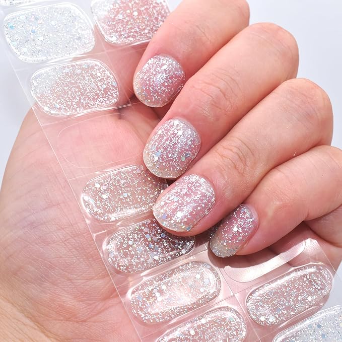 Semi Cured Gel Nail Strips Salon-Quality, Long Lasting Adhere Nail Art Stickers Decals (Glitter Sequins)