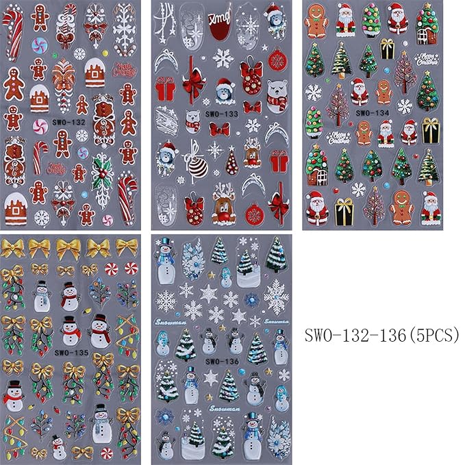 5 Sheets Christmas Nail Art Sticker Snowman Elk Christmas Tree Gingerbread Man Design Winter Xmas Self-Adhesive Snowflake Santa Claus Nail Stickers Decals for Nails Supplies Christmas Nail Decoration