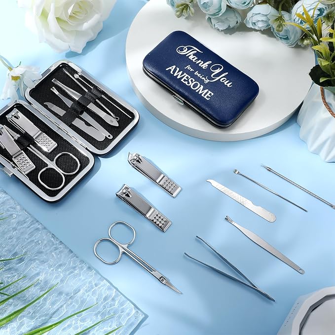 Therwen 24 Sets Manicure Set Nail Clippers 8 in 1 Stainless Steel Grooming Nail Kit Thank You Appreciation Gift Professional Pedicure Tool for Men Women Personal Care(Dark Blue)