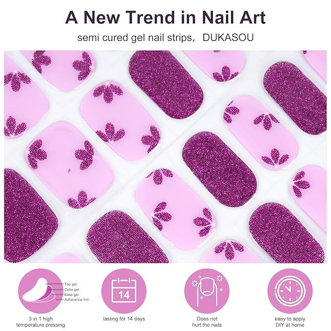 Semi Cured Gel Nail Strips,28 Pcs Nail Stickers for Women(Shiny),Gel Stickers for Nails UV Light, Includes Prep Pads, NailFile & Wood Stick