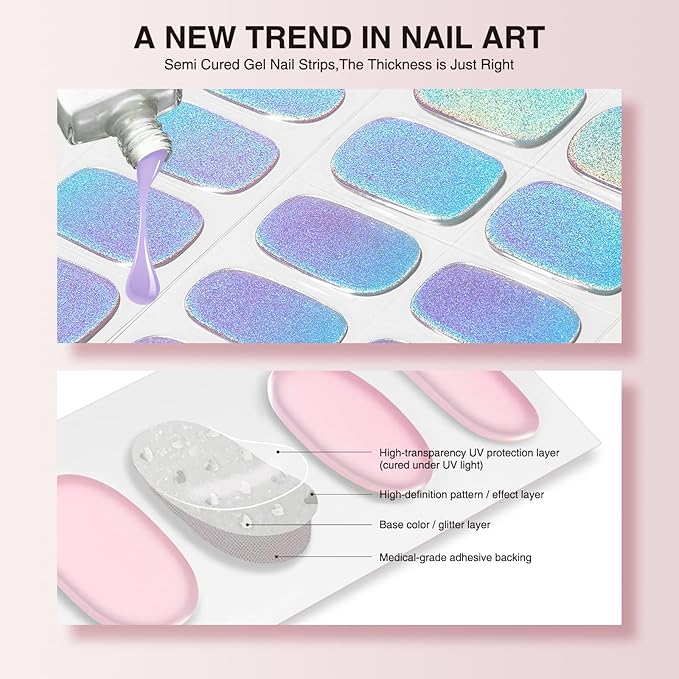 Semi Cured Gel Nail Strips - 30PCS Long-Lasting Nail Wraps, Salon-Quality Semi Cured Stickers, 2 Weeks Wear, Easy DIY Manicure - Indigo Twilight