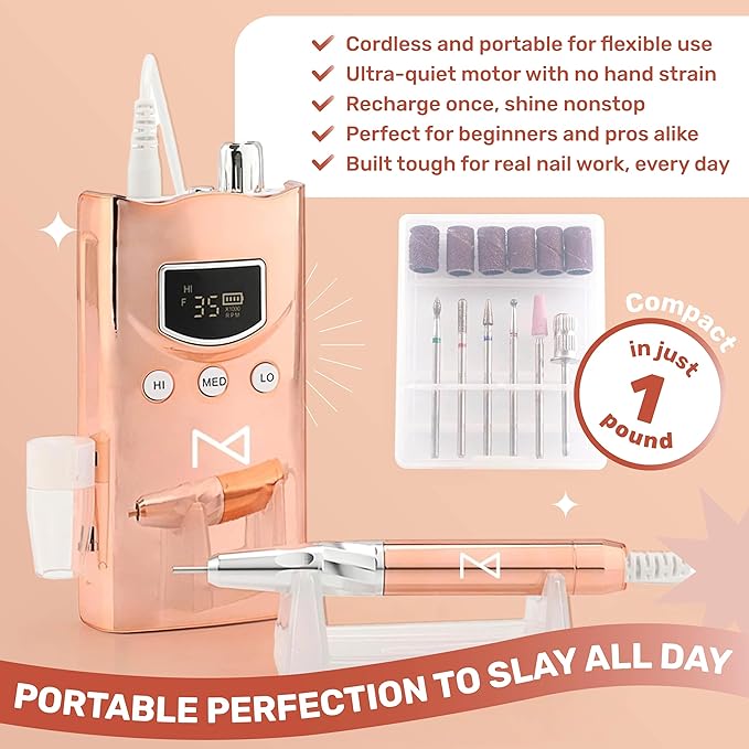 M GEM Brushless Nail Drill 35K RPM | Professional Cordless Efile Machine | Rechargeable Electric Nail File with Bits | Portable Quiet Low Vibration Tool for Acrylic, Gel, Natural Nails (Metallic RG)