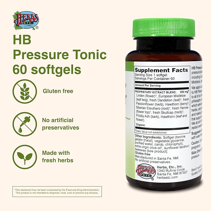 Herbs Etc. HB Pressure Tonic - Healthy Blood Circulation Support Supplement - Aid Cardiovascular Health - Herbal Supplement for Natural Energy Support - Gluten-Free - 60 Softgels (60 Servings)