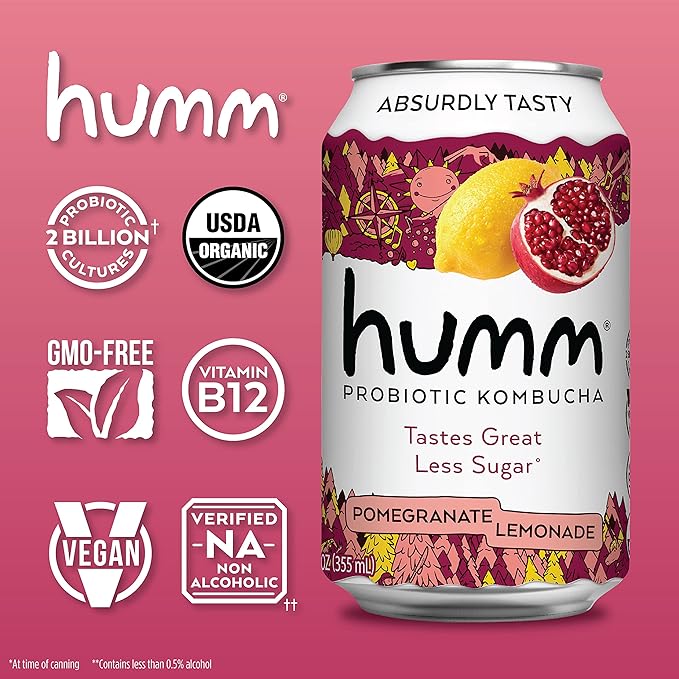 Humm Kombucha Pomegranate Lemonade, Organic, Vegan & GMO Free (12 Pack)