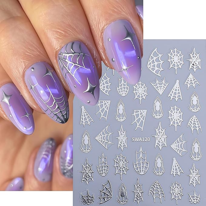 10 Sheets Spider Nail Art Stickers Halloween Nail Decals 3D Self-Adhesive Laser Black White Gold Silver Spiders and Spider Web Nail Sticker Design DIY Holiday Party Nails Supplies for Salon Manicure